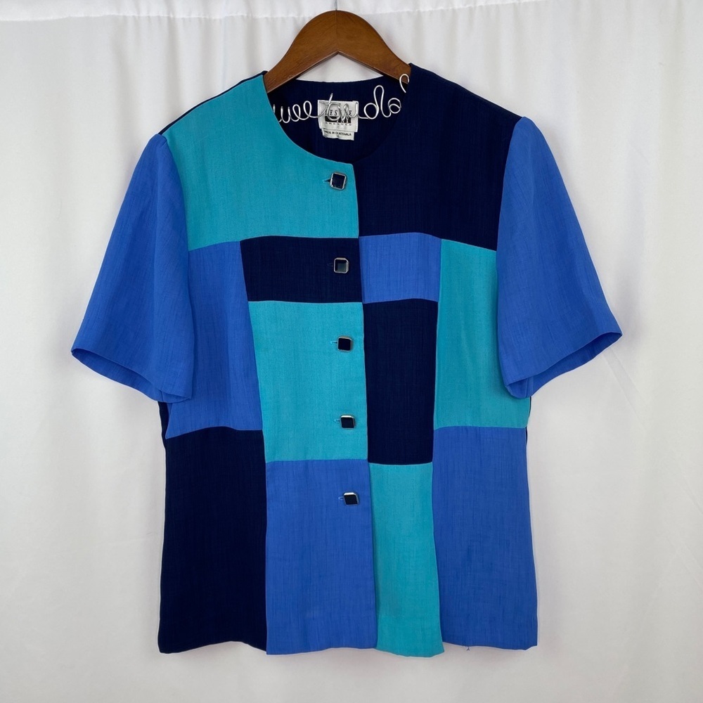 vintage blue color block button-up blouse
